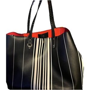 Tory Burch Kerrington Coated Canvas Striped Large Tote Black White Leather
